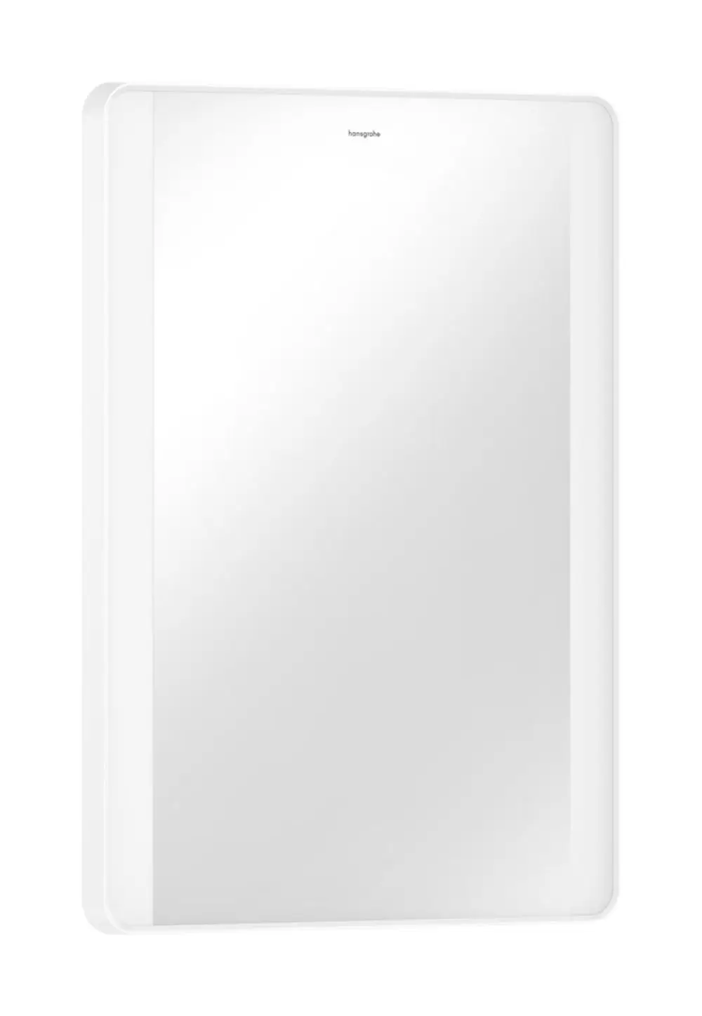 Spiegel mit mattweißer Oberfläche und seitlicher LED-Beleuchtung von Hansgrohe, geeignet für Wandmontage, ohne erkennbare Maße.